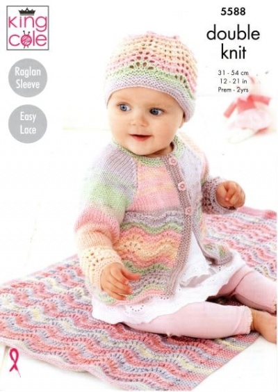 Knitting Pattern - King Cole 5588 - Beaches DK - Blanket, Matinee Coat, Cardigan, Hat